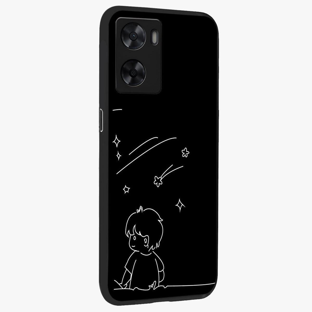 Line Art Boy With Shooting Stars Glass Case upright view showcasing artistic shooting star illustration with minimal style.