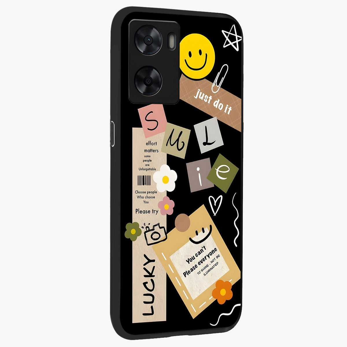 Lucky Aesthetic Collage Glass Case upright view showcasing vibrant collage artwork with youthful aesthetic theme.