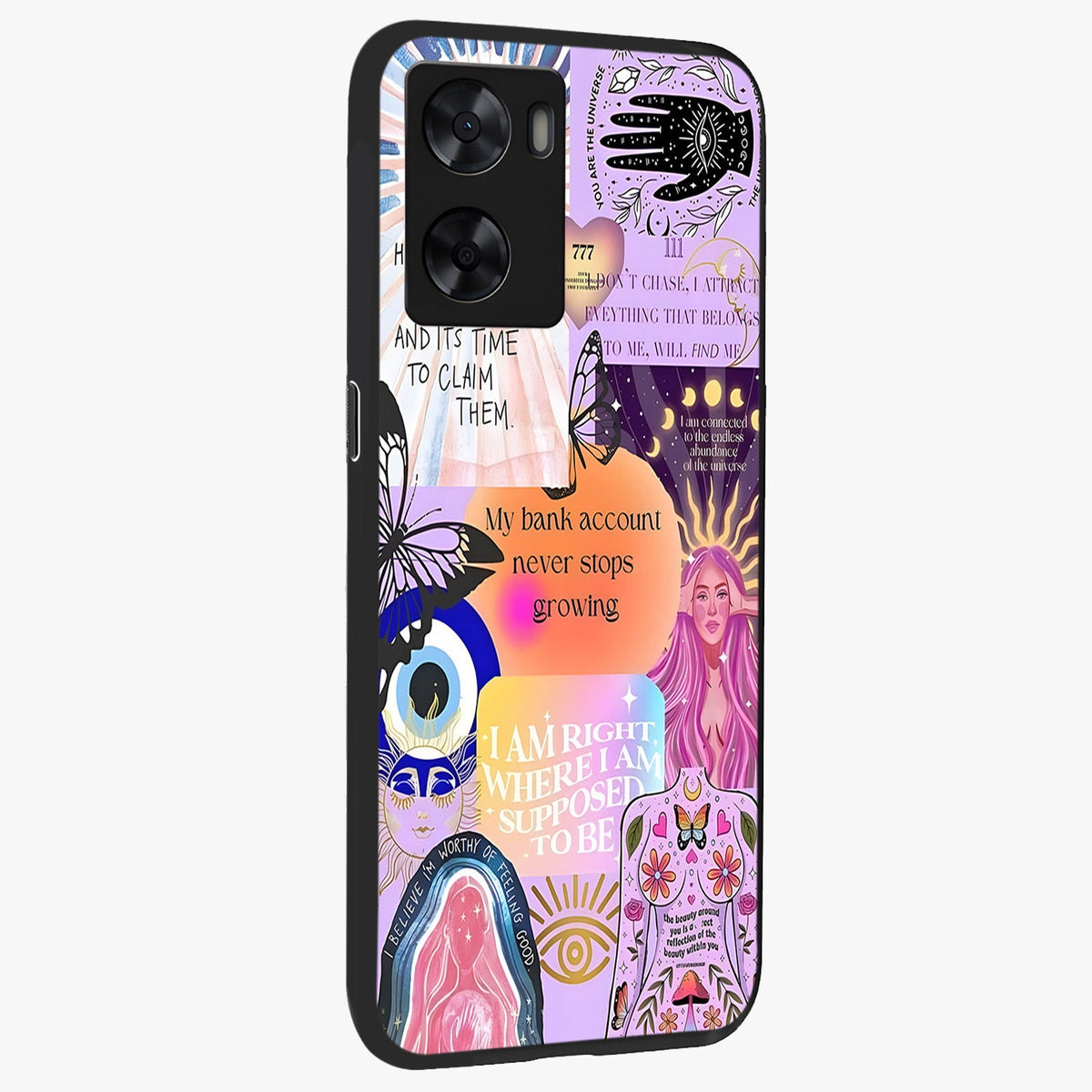 Manifestation Collage Glass Case upright view showcasing artistic manifestation themed artwork with creative style.