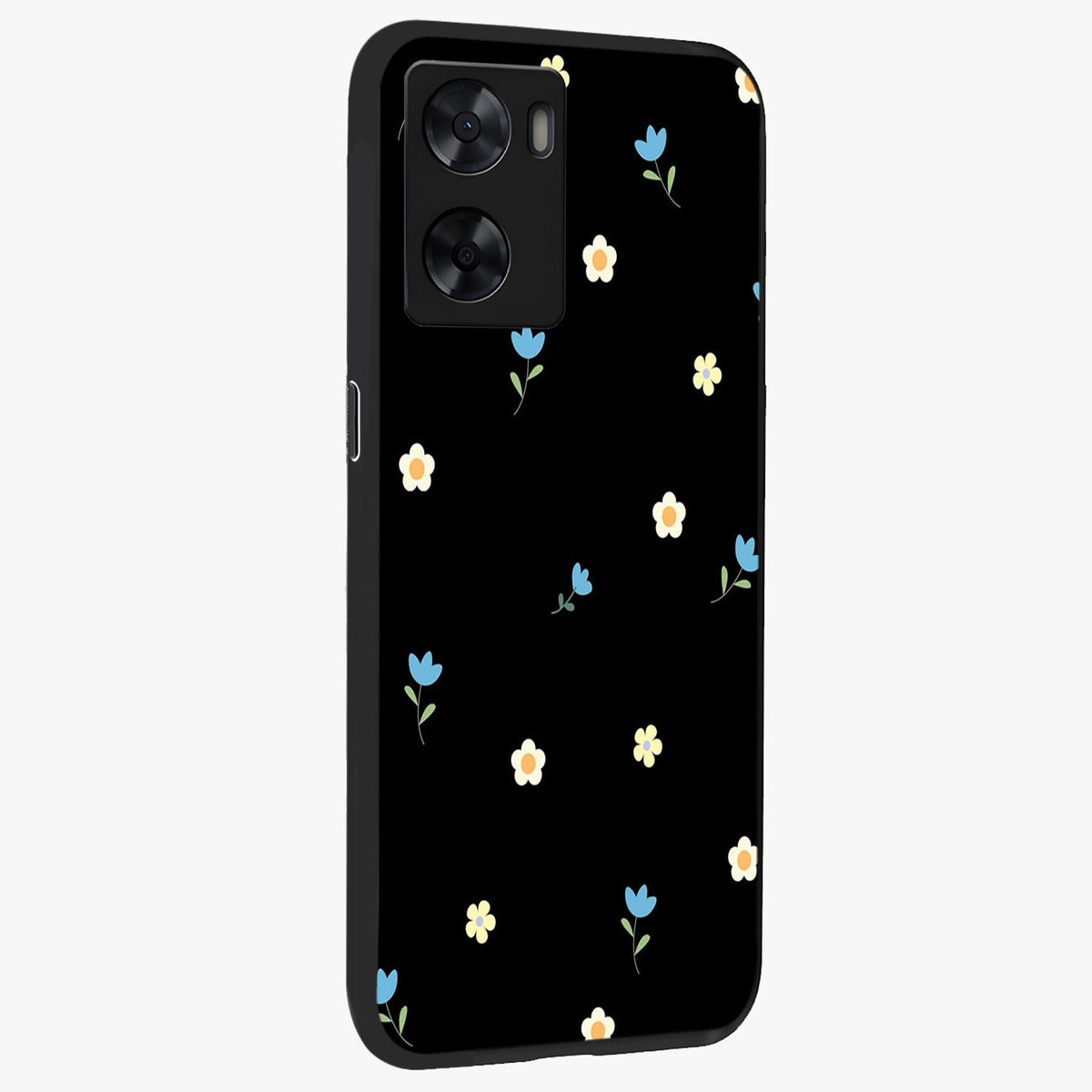 Minimal Petal Whispers Glass Case upright view showcasing elegant floral artwork with modern minimalist style.