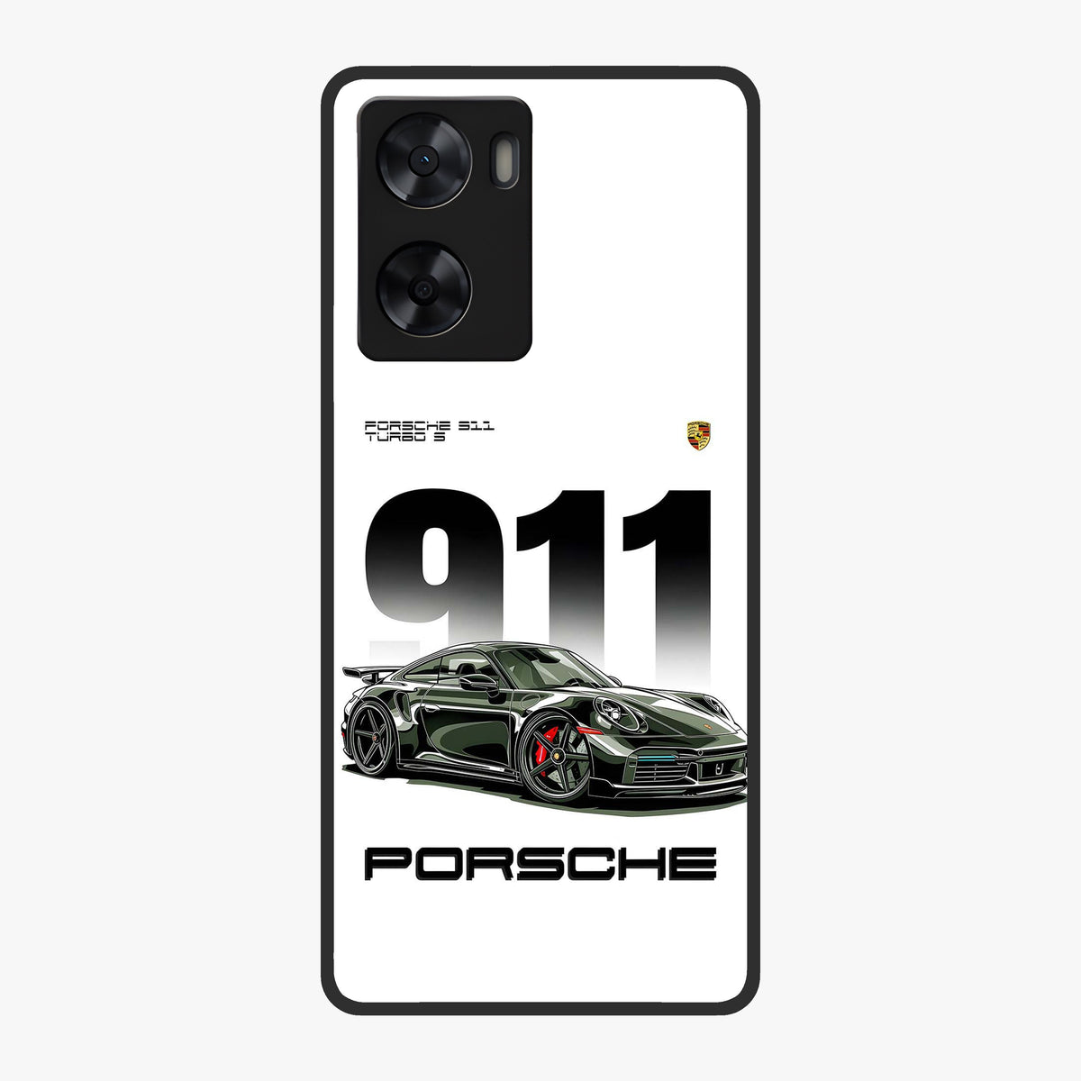 911 Turbo Dominance Glass Case showing clean flat back view with bold 911 sports car artwork and glossy glass finish.