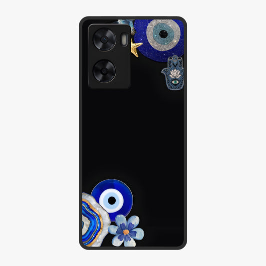 Aesthetic Blue Evil Eye Glass Case showing flat back view with protective evil eye artwork and glossy glass finish.