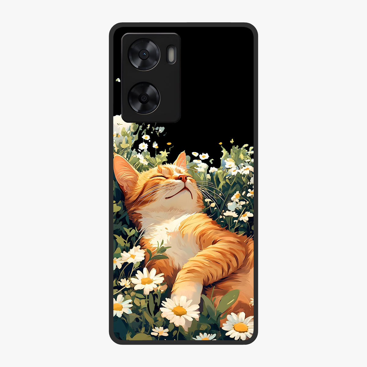Blissful Bloom Cat Glass Case showing flat back view with cute cat and floral bloom artwork and glossy glass finish.