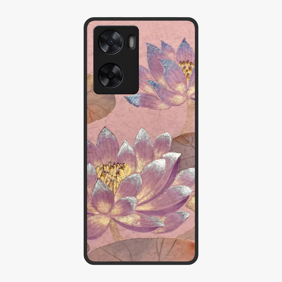 Blossom Mist Lotus Glass Case showing flat back view with serene lotus blossom artwork and glossy glass finish.