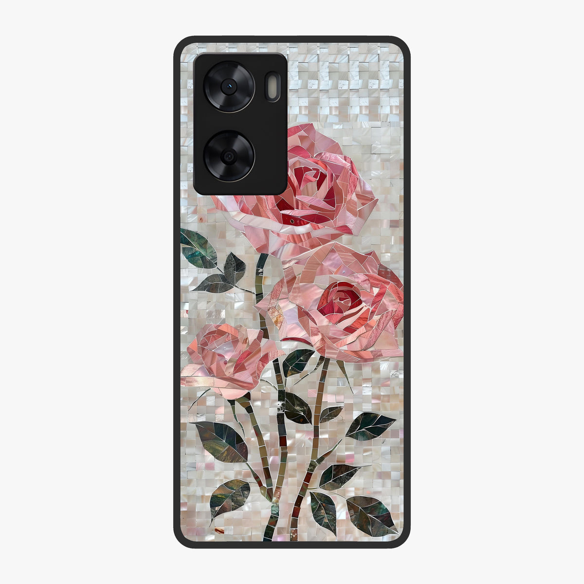 Blush Mosaic Bloom Glass Case showing flat back view with mosaic floral bloom artwork and glossy glass finish.