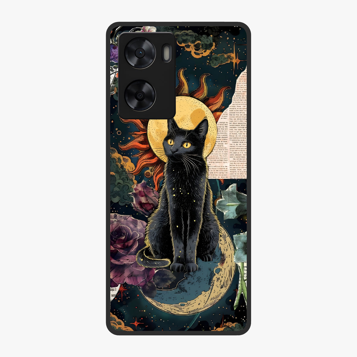 Celestial Black Cat Glass Case showing flat back view with mystical black cat artwork and glossy glass finish.