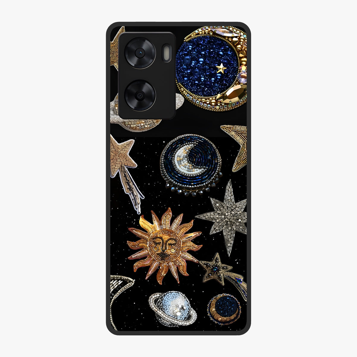 Celestial Gem Constellations Glass Case showing flat back view with sparkling constellation artwork and glossy glass finish.
