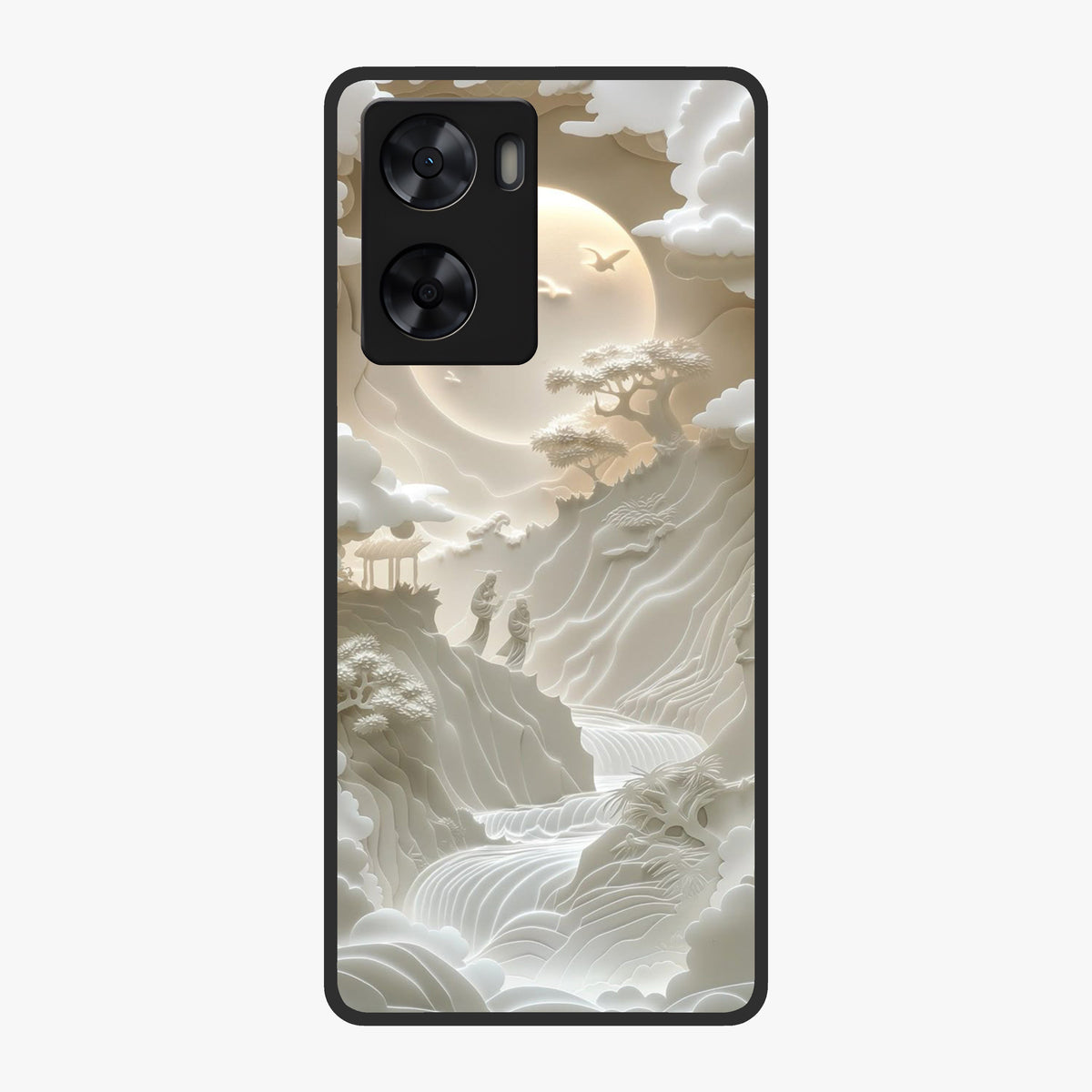 Celestial Origami Glass Case showing flat back view with artistic origami inspired celestial artwork and glossy glass finish.