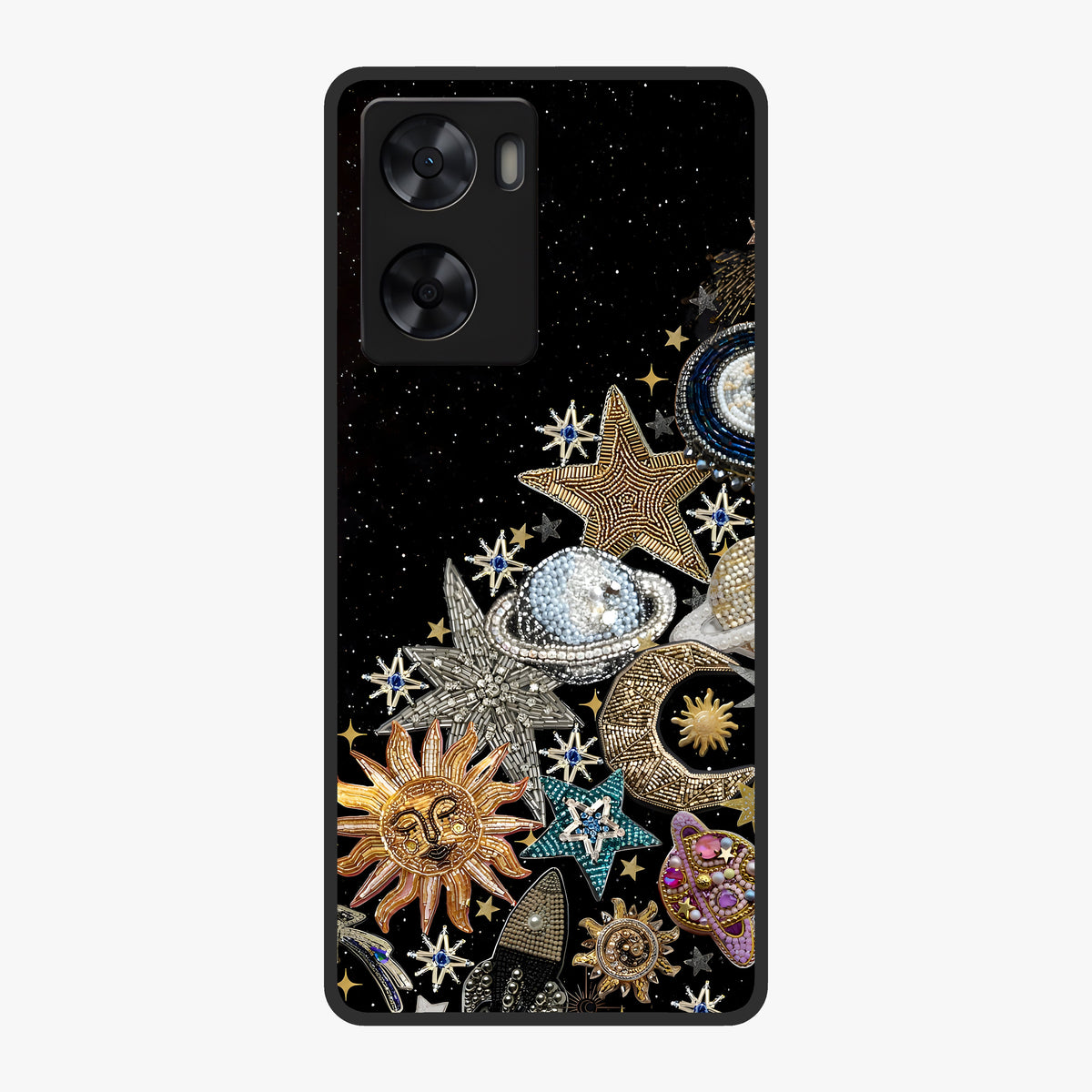 Cosmic Sparkle Dreams Glass Case showing flat back view with sparkling cosmic artwork and glossy glass finish.
