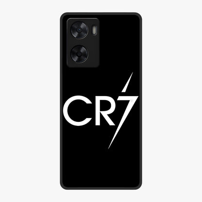 Cr7 Elite Strike Glass Case showing flat back view with dynamic football inspired artwork and glossy glass finish.