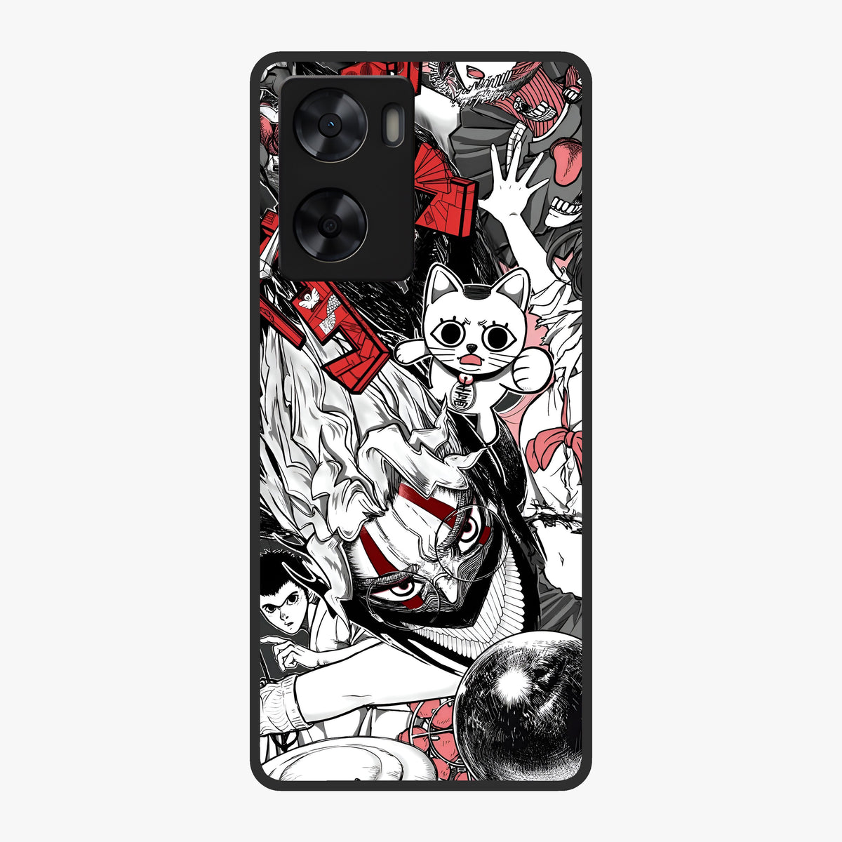 Crimson Chaos Panel Glass Case showing flat back view with bold crimson abstract artwork and glossy glass finish.