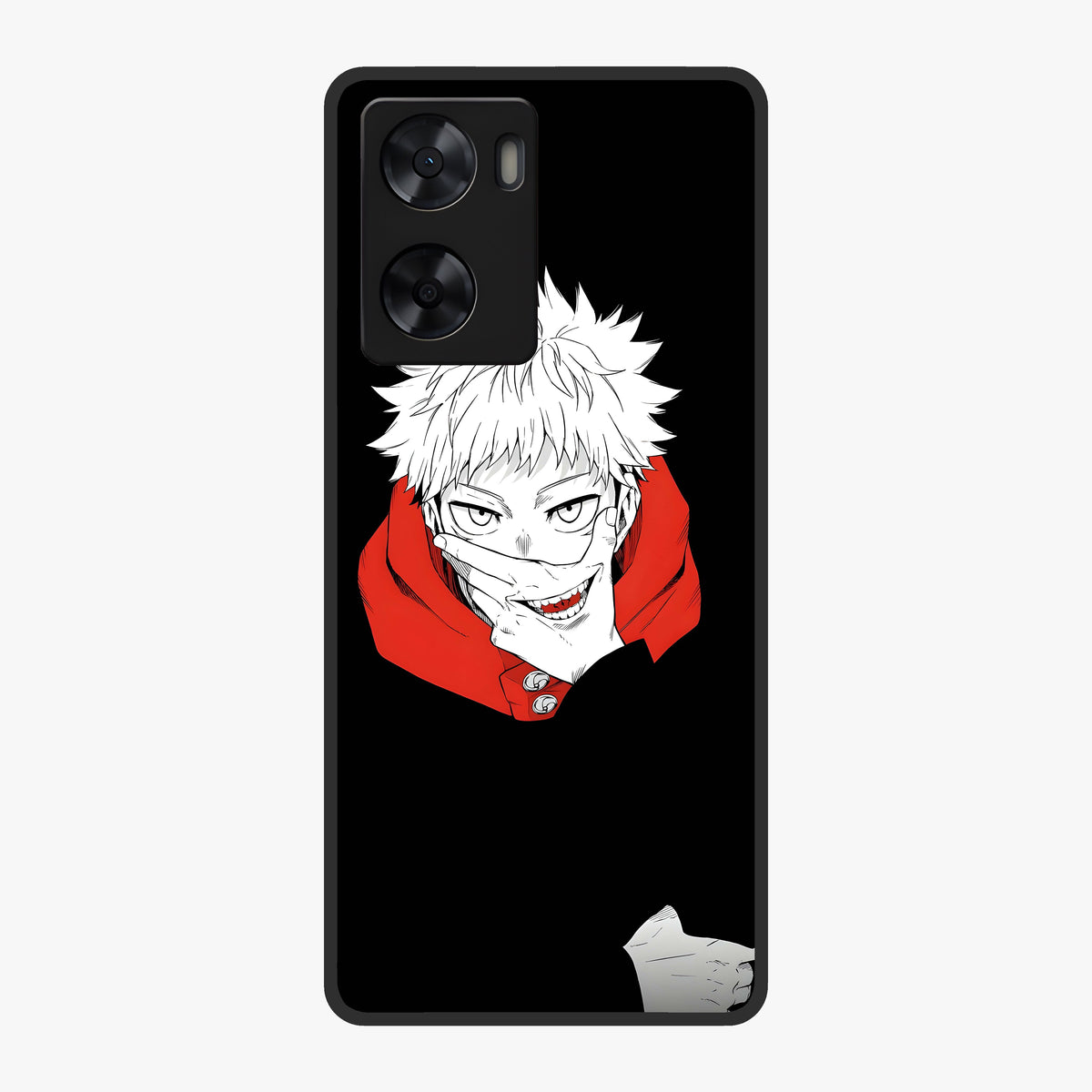 Crimson Chaos Smile Glass Case showing flat back view with bold chaotic smile artwork and glossy glass finish.