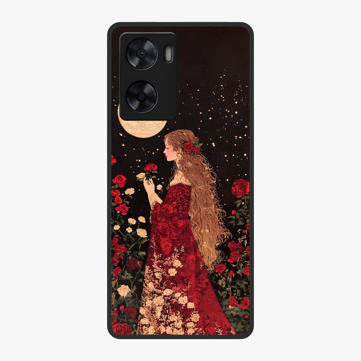 Crimson Dreams Glass Case showing flat back view with dreamy crimson artwork and glossy glass finish.