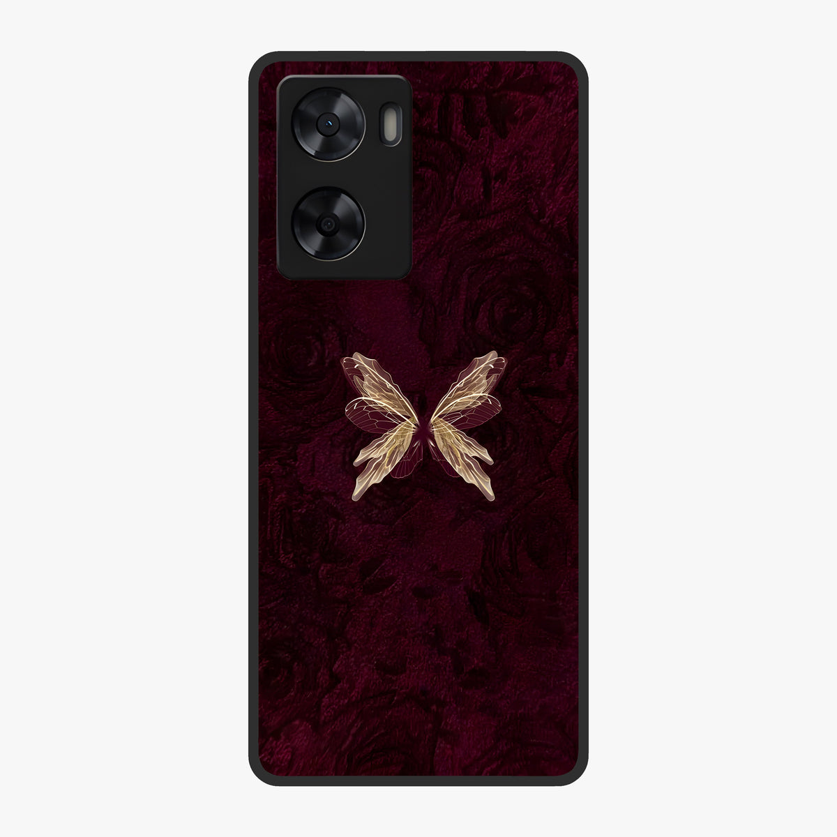 Crimson Fade Butterfly Glass Case showing flat back view with fading butterfly artwork and glossy glass finish.