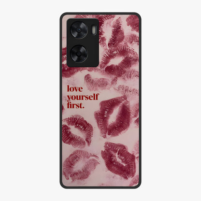 Crimson Kiss Love Glass Case showing flat back view with romantic crimson themed artwork and glossy glass finish.