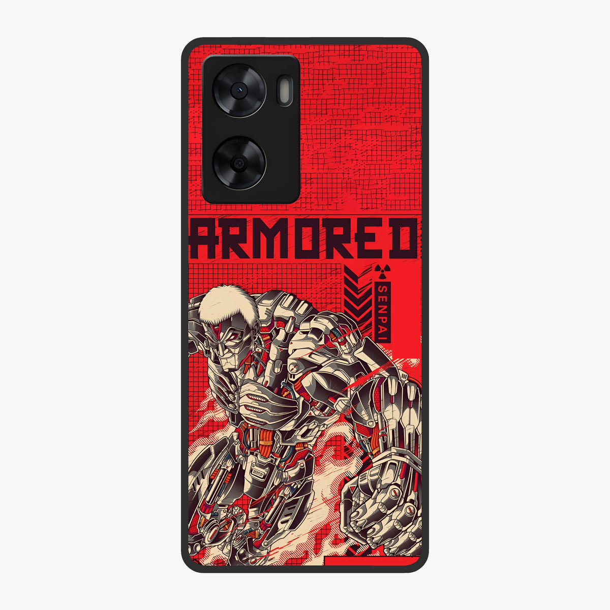 Crimson Mecha Titan Glass Case showing flat back view with powerful mech titan artwork and glossy glass finish.