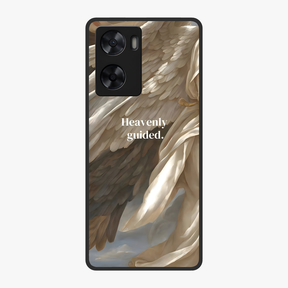 Divine Winged Grace Glass Case showing flat back view with elegant wing inspired artwork and glossy glass finish.
