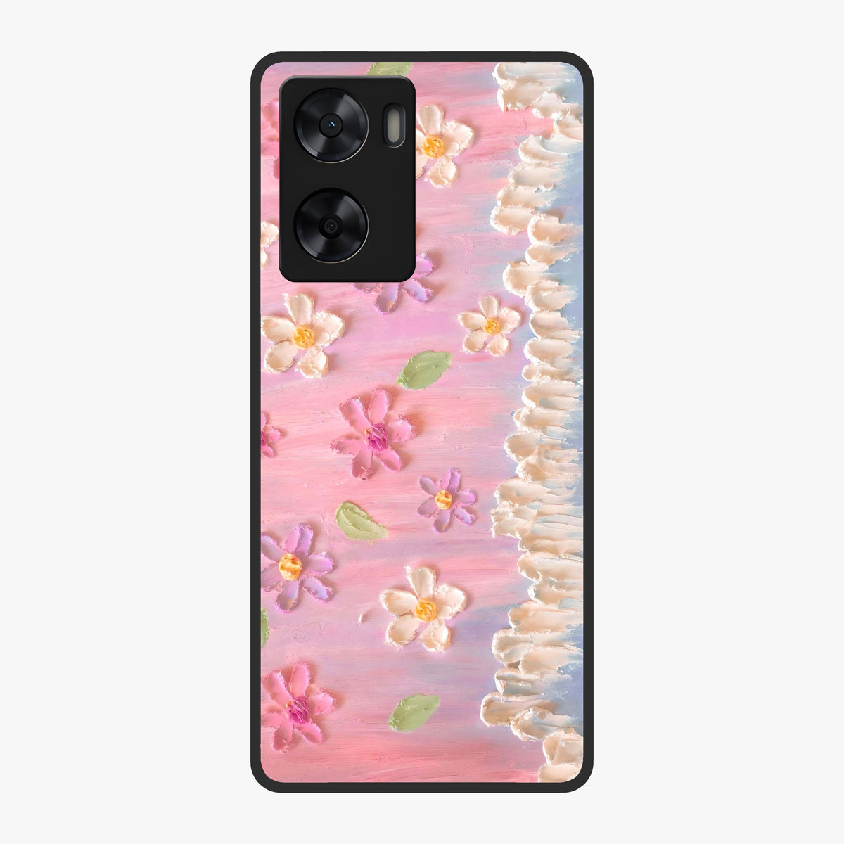 Dreamy Painted Garden Glass Case showing flat back view with artistic painted floral garden artwork and glossy glass finish.