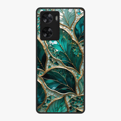 Emerald Leaf Glass Glass Case showing flat back view with emerald green leaf artwork and glossy glass finish.
