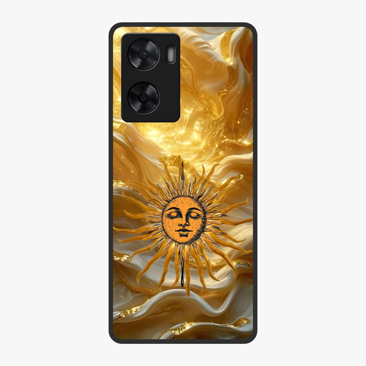 Eternal Golden Glow Glass Case showing flat back view with radiant golden themed artwork and glossy glass finish.