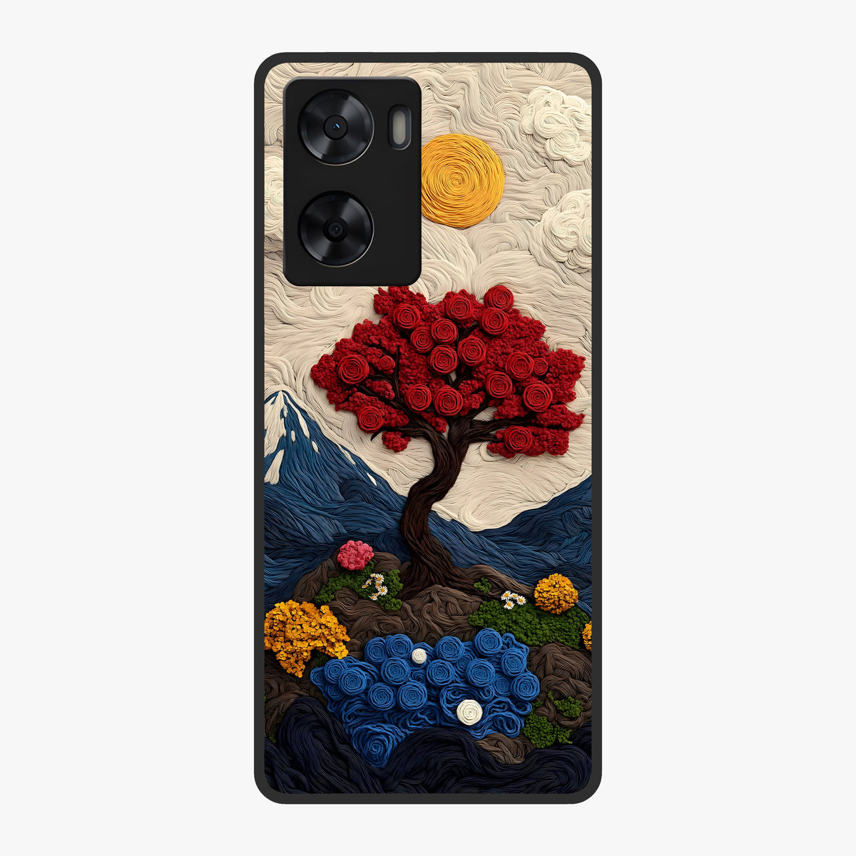 Eternal Nature Tapestry Glass Case showing flat back view with intricate nature tapestry artwork and glossy glass finish.