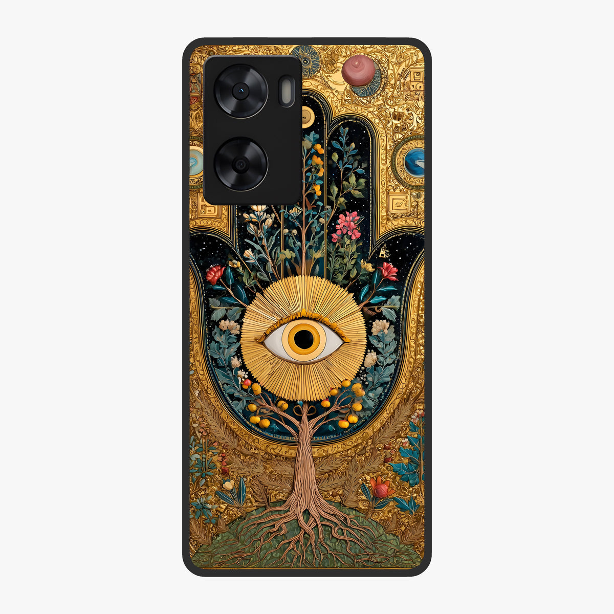 Ethereal Evil Eye Glass Case showing flat back view with mystical evil eye artwork and glossy glass finish.