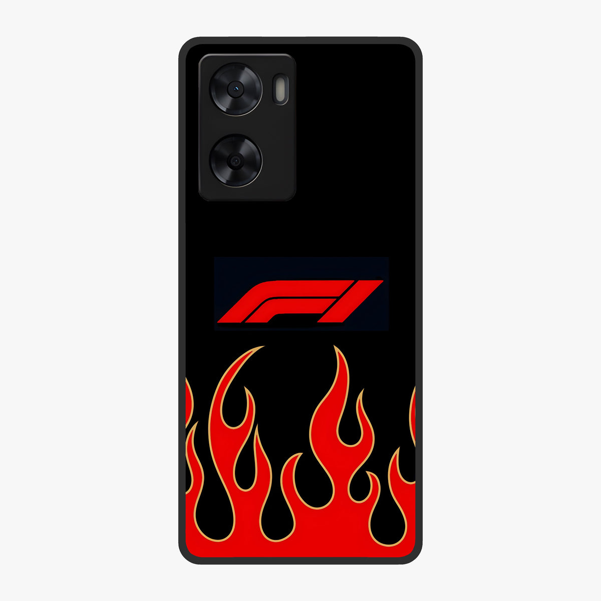 Fire F11 Glass Case showing flat back view with fiery themed artwork and glossy glass finish.