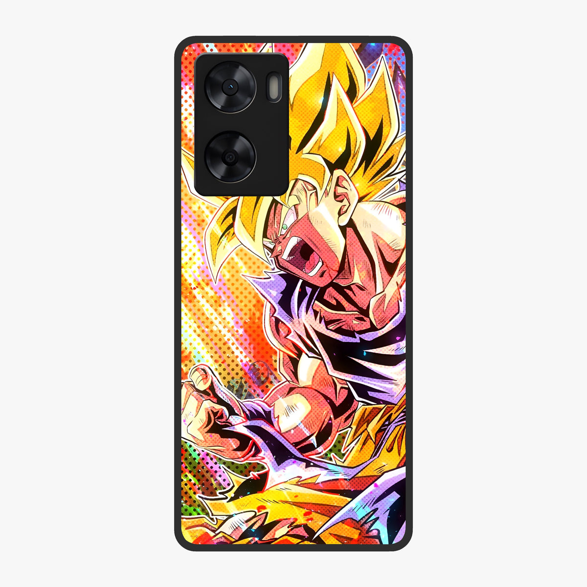 Firing Goku Glass Case showing flat back view with powerful anime inspired artwork and glossy glass finish.