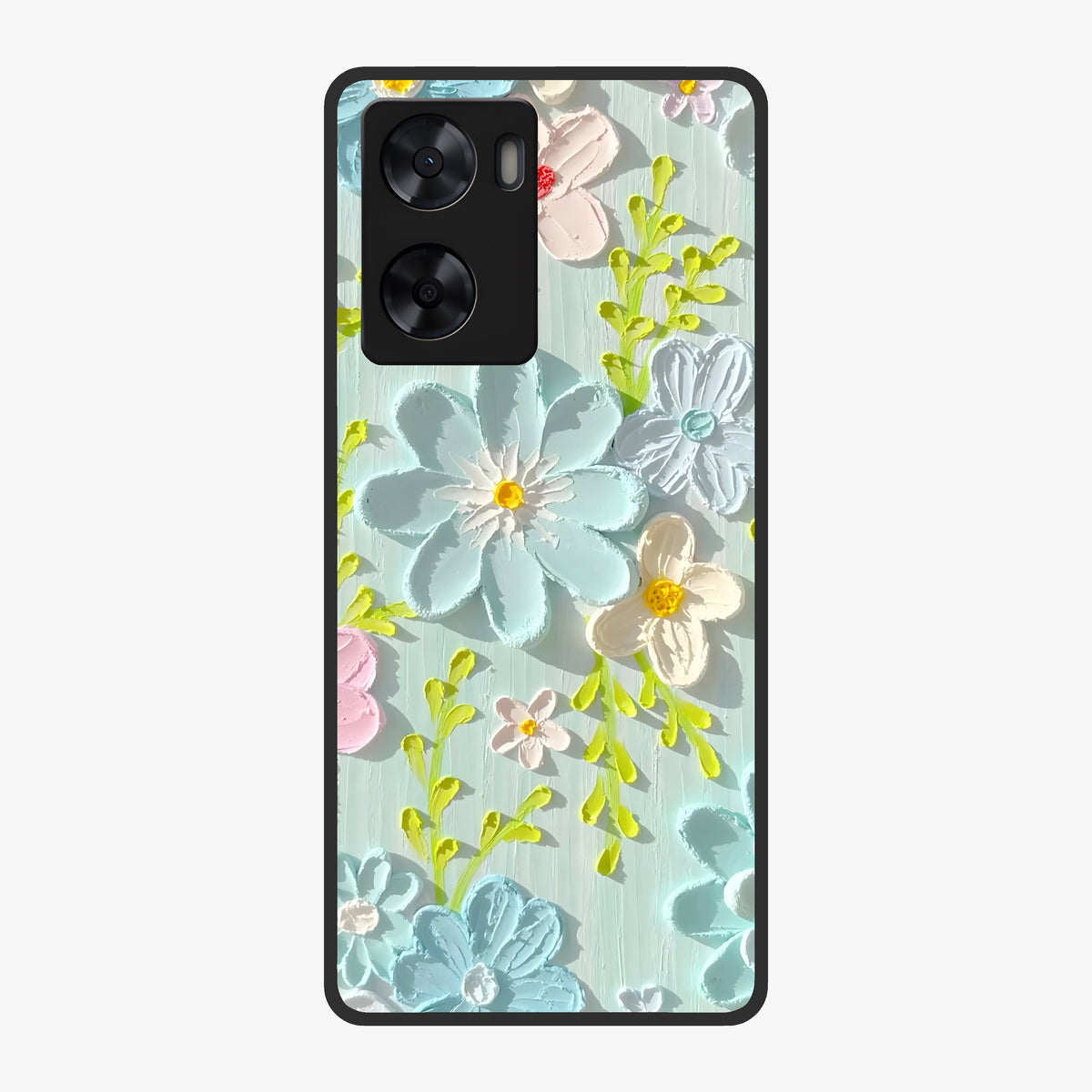 Frosted Petal Garden Glass Case showing flat back view with soft frosted floral artwork and glossy glass finish.