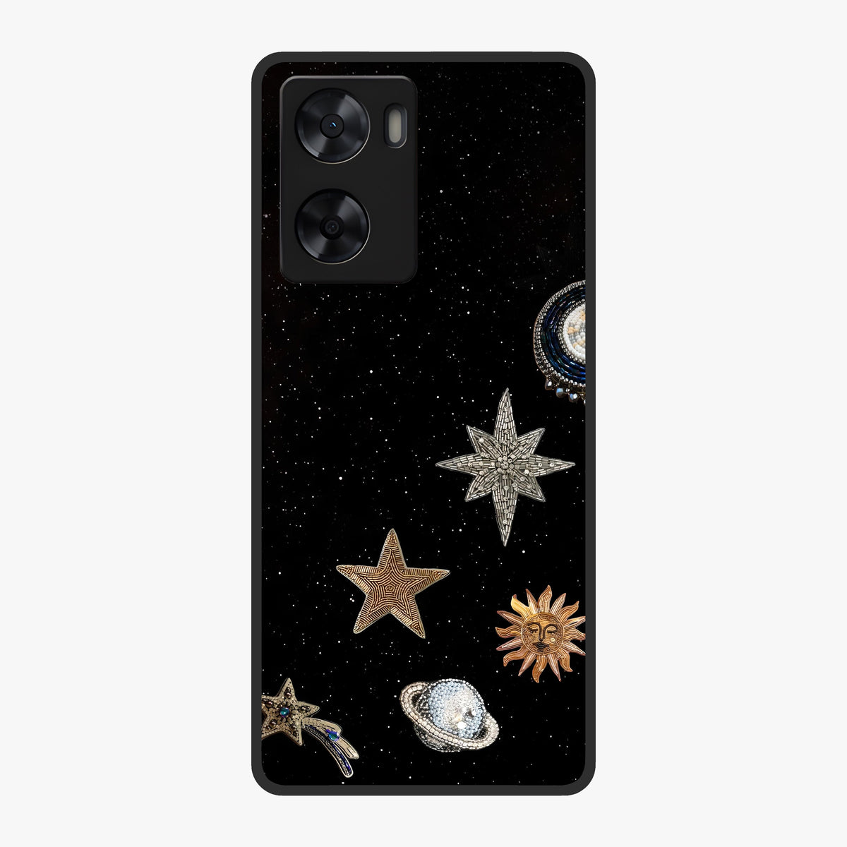 Galactic Charm Glow Glass Case showing flat back view with glowing celestial charm artwork and glossy glass finish.