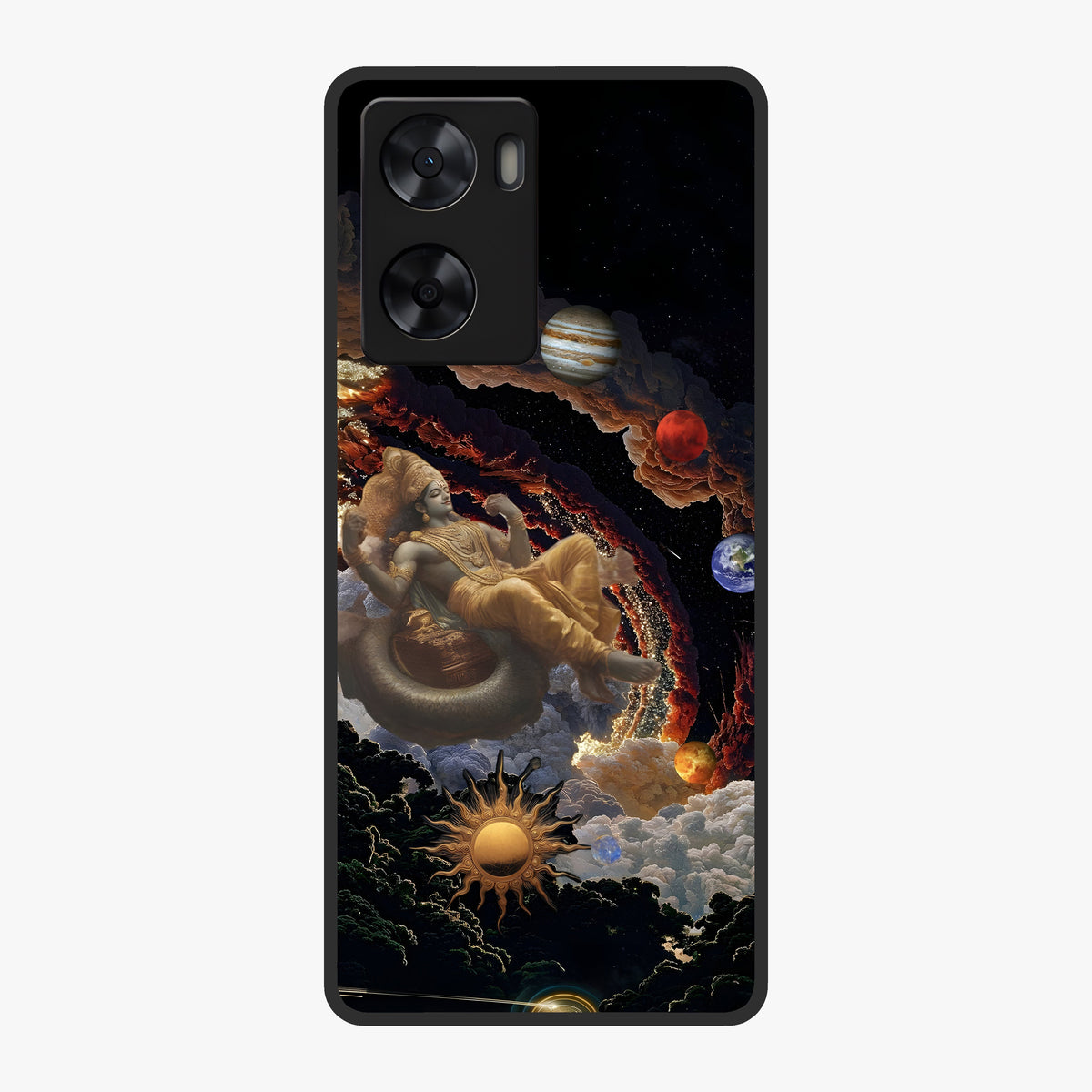 Galactic Divine God Glass Case showing flat back view with divine cosmic themed artwork and glossy glass finish.