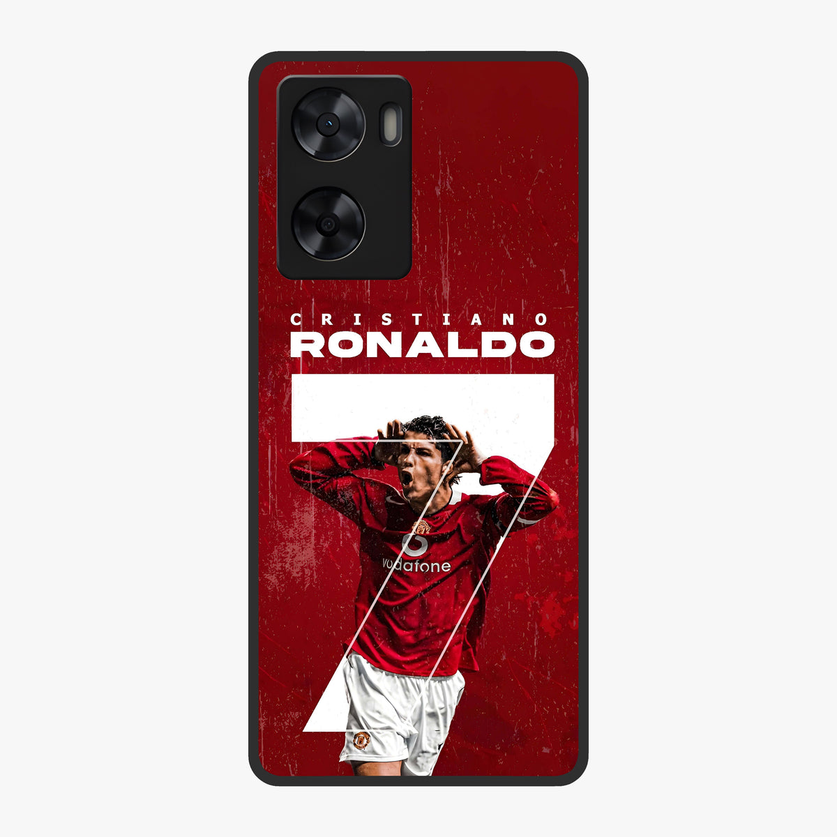 Goal Celebration Legacy Glass Case showing flat back view with football celebration inspired artwork and glossy glass finish.