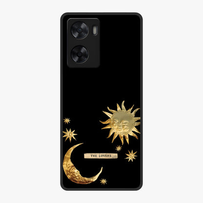 Golden Celestial Charm Glass Case showing flat back view with golden celestial charm artwork and glossy glass finish.