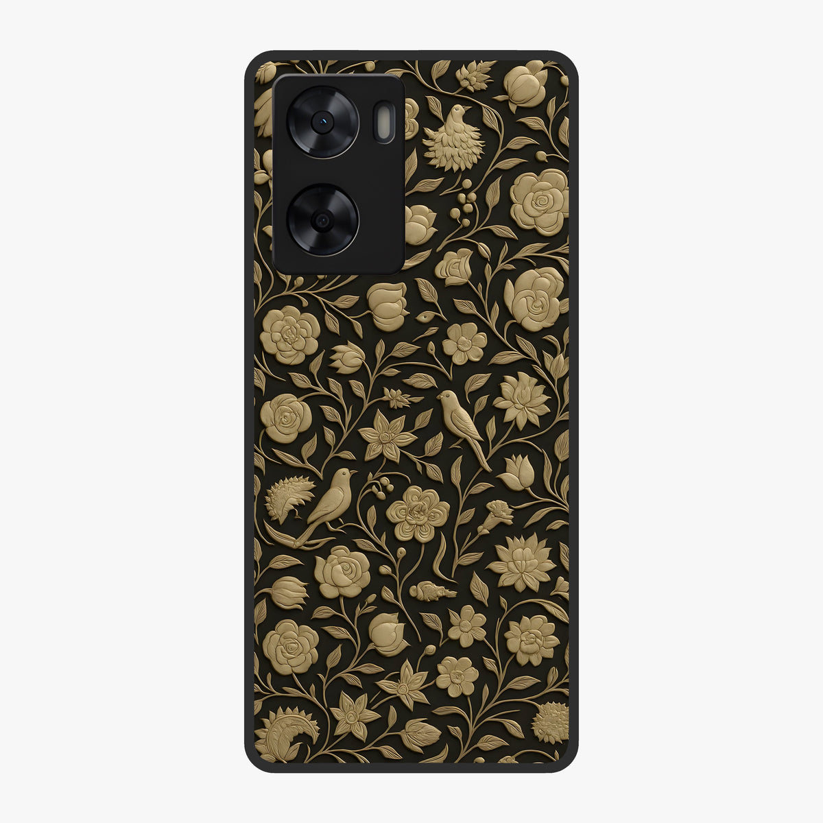 Golden Floral Majesty Glass Case showing flat back view with luxurious golden floral artwork and glossy glass finish.