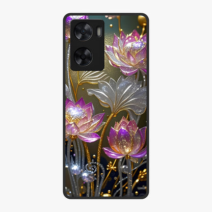 Golden Lotus Glow Glass Case showing flat back view with glowing lotus flower artwork and glossy glass finish.