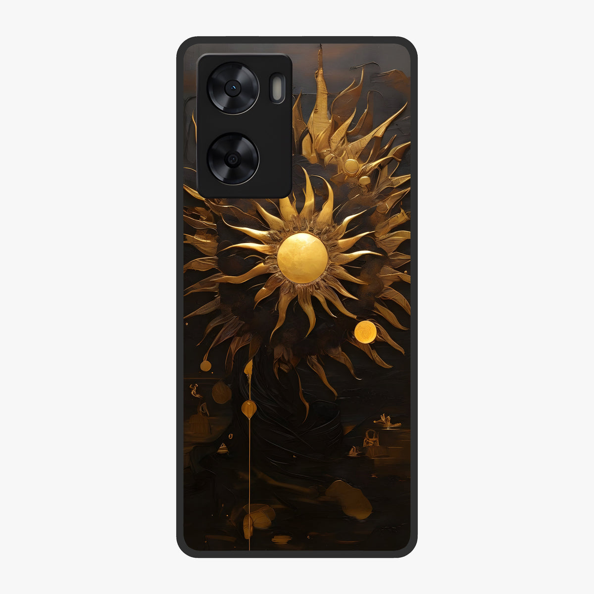 Golden Sun Majesty Glass Case showing flat back view with radiant golden sun artwork and glossy glass finish.