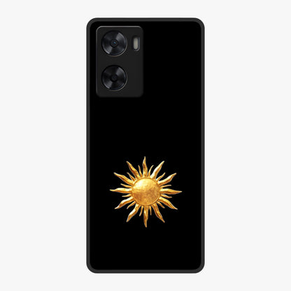 Golden Sun Minimalism Glass Case showing flat back view with minimal golden sun artwork and glossy glass finish.