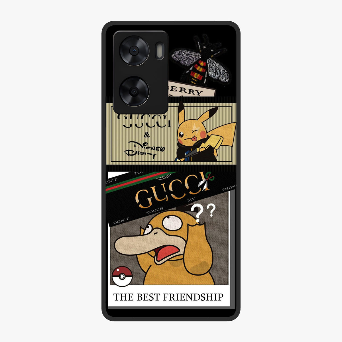 Gucci Play Mashup Glass Case showing flat back view with luxury inspired graphic artwork and glossy glass finish.