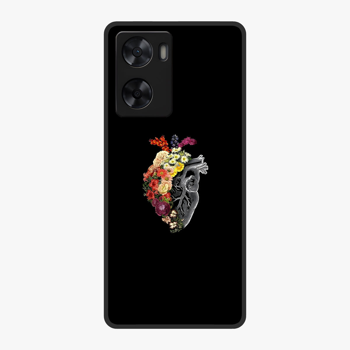 Heart With Flowers Glass Case showing flat back view with heart shaped floral artwork and glossy glass finish.