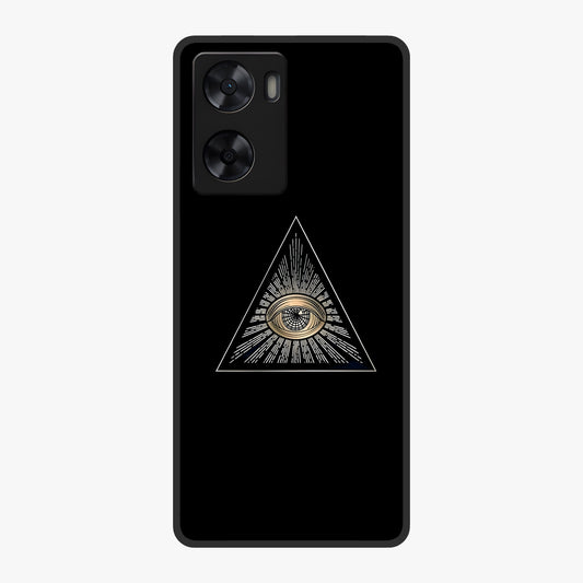 Illuminati Evil Glass Case showing flat back view with mysterious illuminati symbol artwork and glossy glass finish.