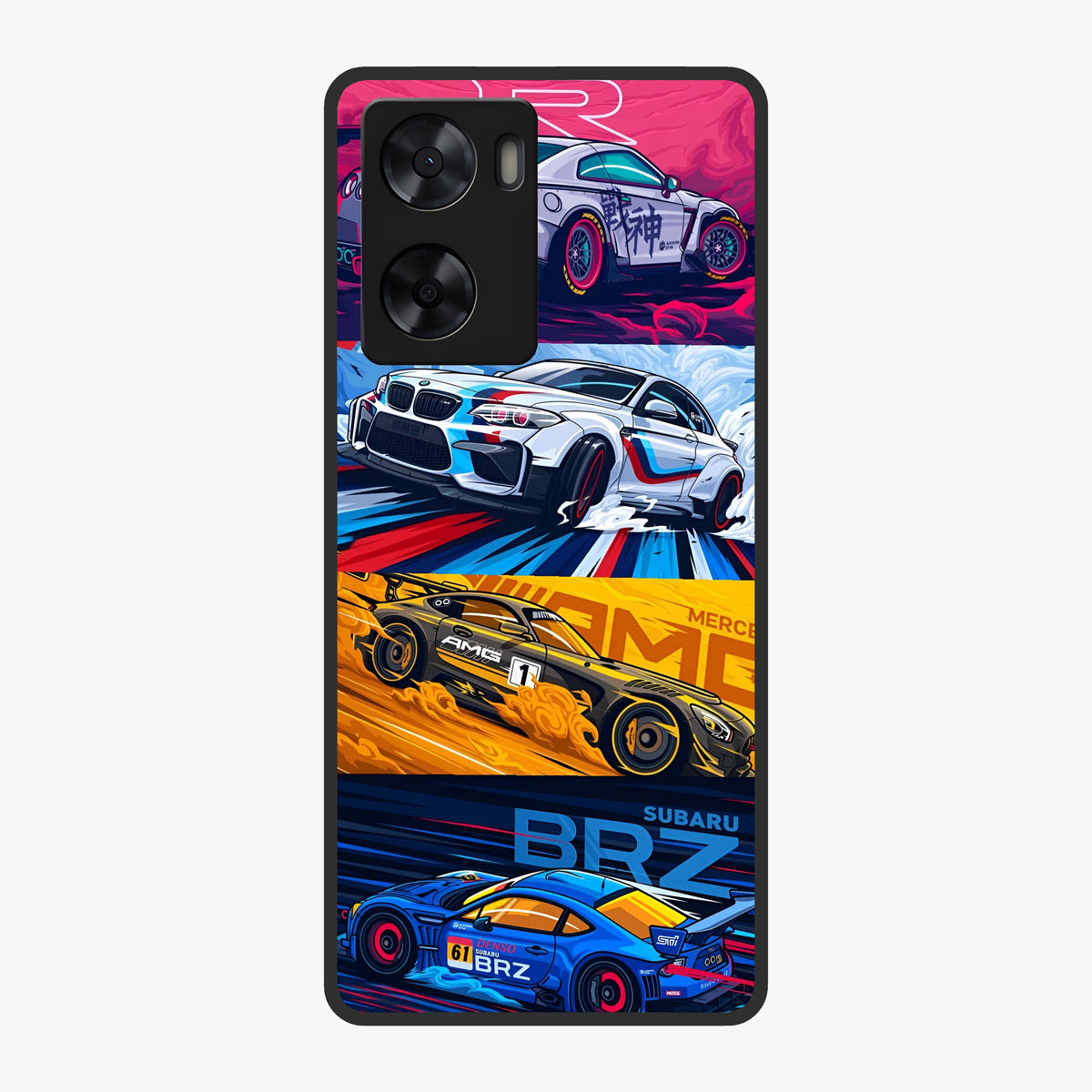 JDM Sports Car Glass Case showing flat back view with high performance sports car artwork and glossy glass finish.
