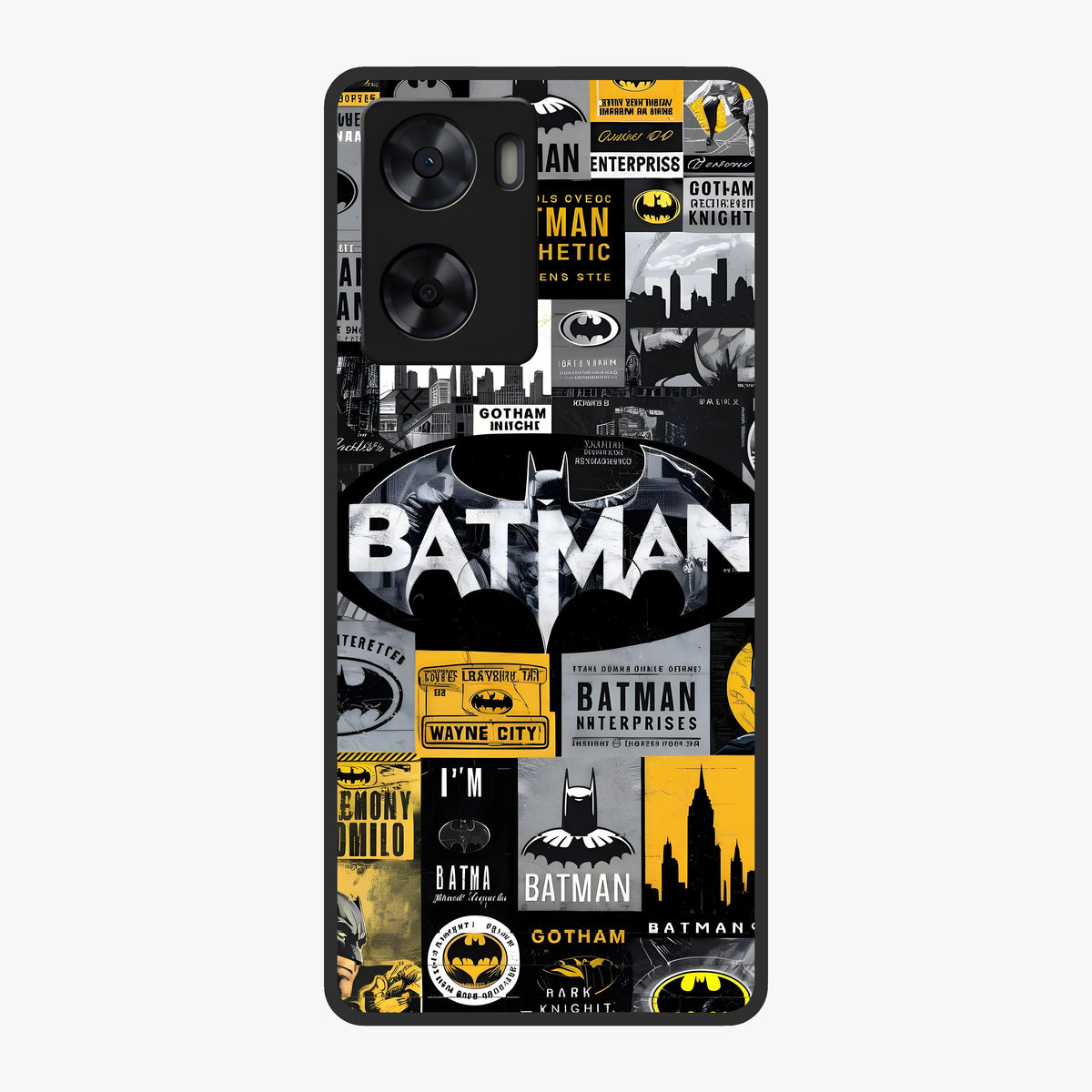 Knight Gotham Rise Glass Case showing flat back view with dark hero inspired artwork and glossy glass finish.