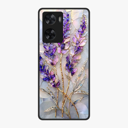 Lavender Dream Glow Glass Case showing flat back view with glowing lavender aesthetic artwork and glossy glass finish.