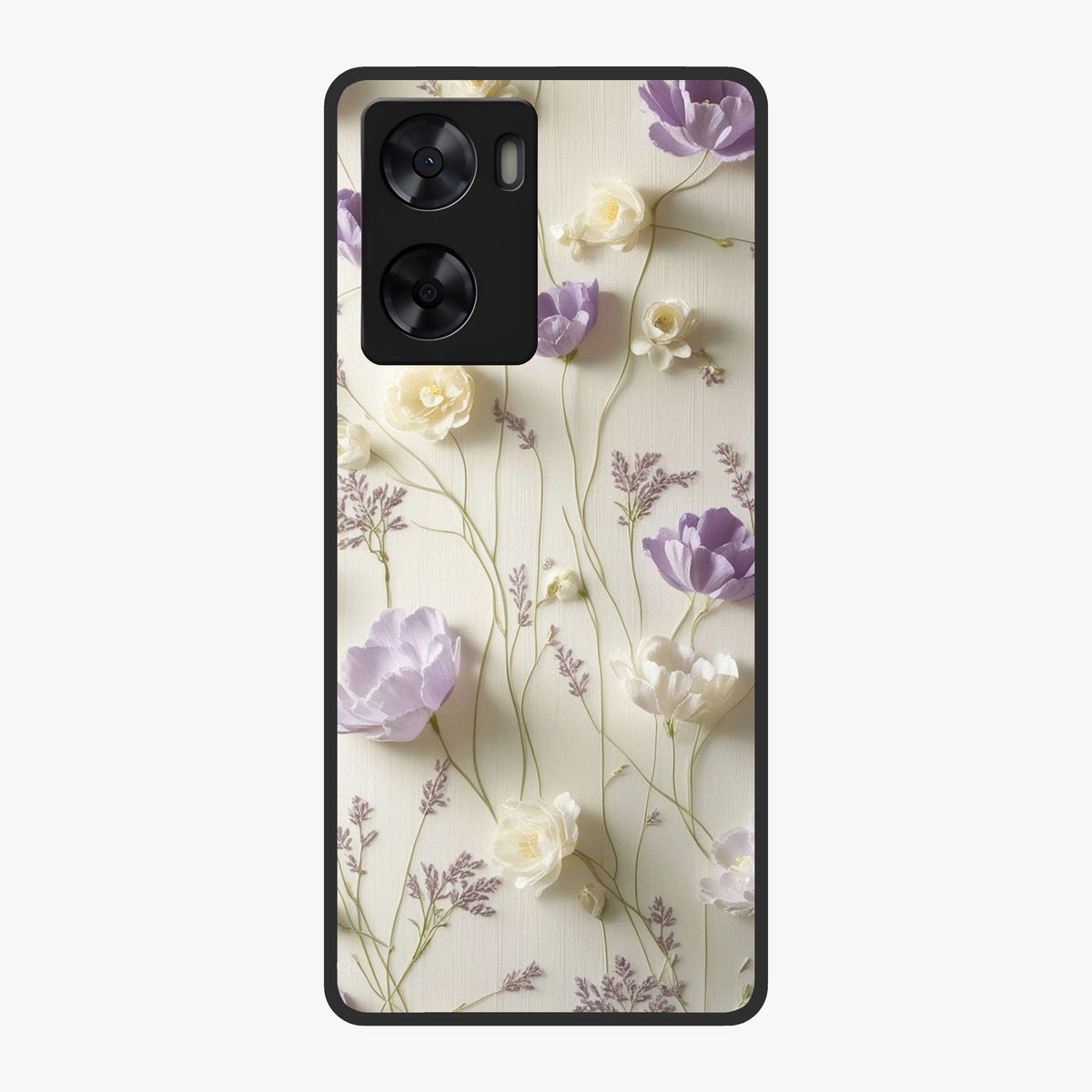 Lilac Breeze Harmony Glass Case showing flat back view with soft lilac themed artwork and glossy glass finish.
