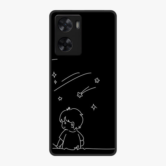 Line Art Boy With Shooting Stars Glass Case showing flat back view with minimal line art boy and shooting stars illustration and glossy glass finish.