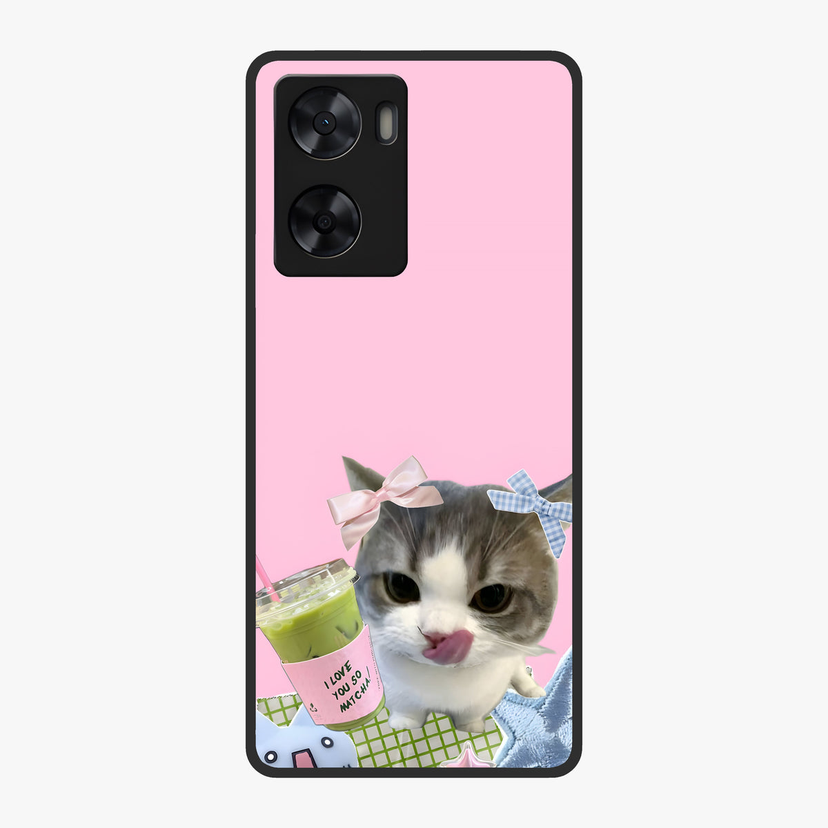 Love Matcha Cat Glass Case showing flat back view with cute cat and matcha themed artwork and glossy glass finish.