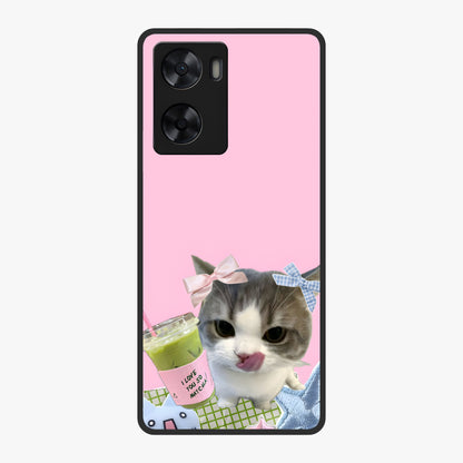 Love Matcha Cat Glass Case showing flat back view with cute cat and matcha themed artwork and glossy glass finish.