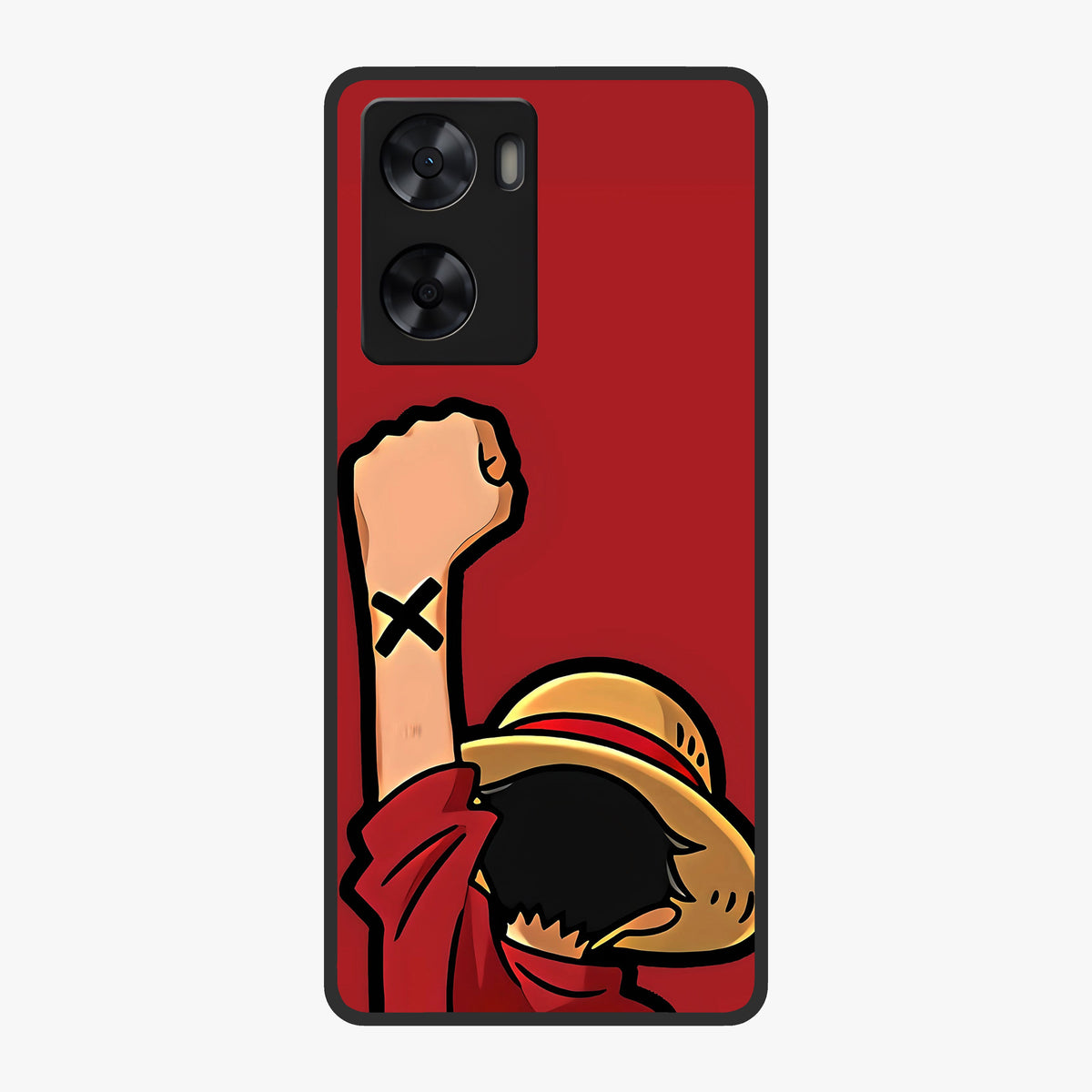 Luffy X Spirit Glass Case showing flat back view with bold anime character artwork and glossy glass finish.