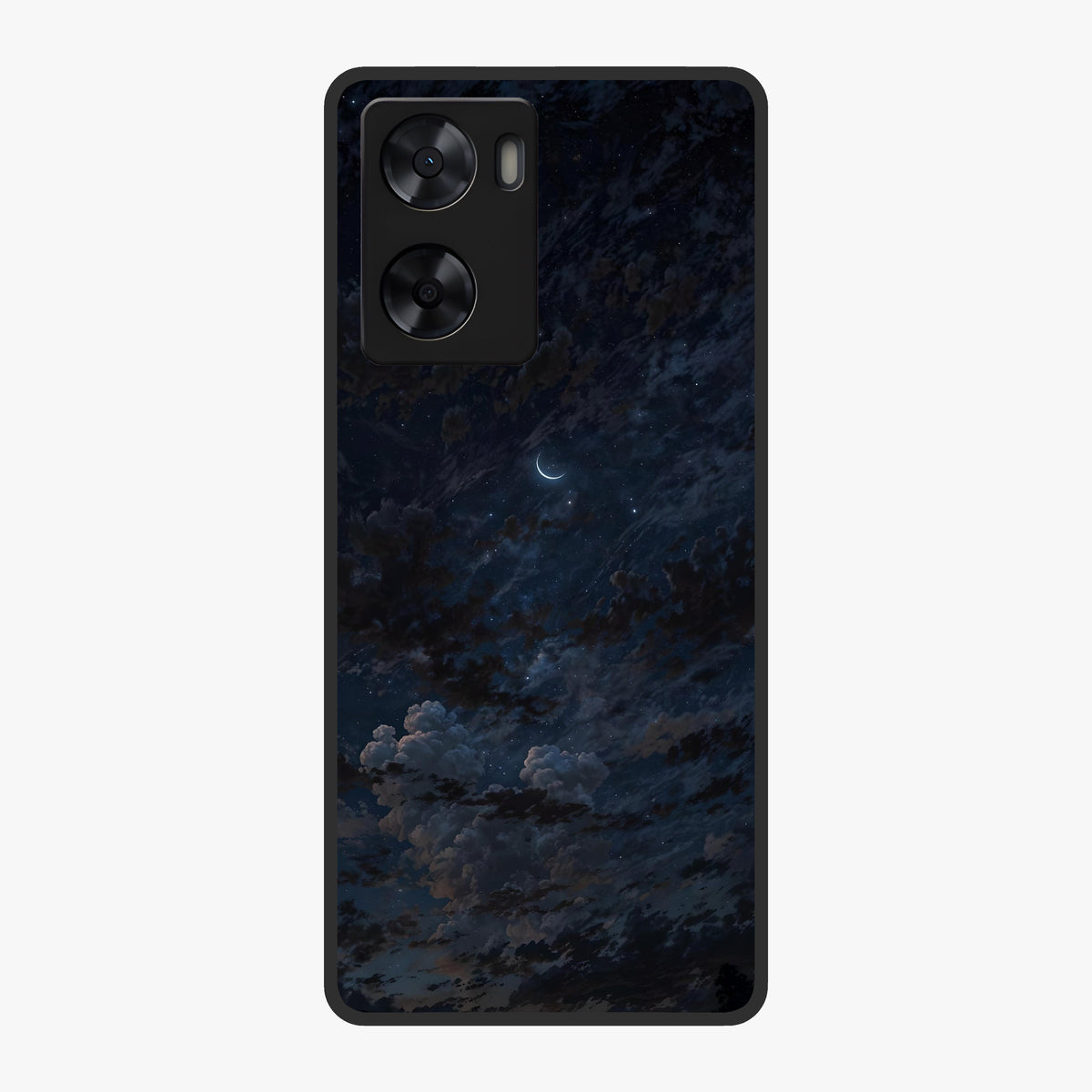 Lunar Veil Silence Glass Case showing flat back view with mystical moon veil artwork and glossy glass finish.