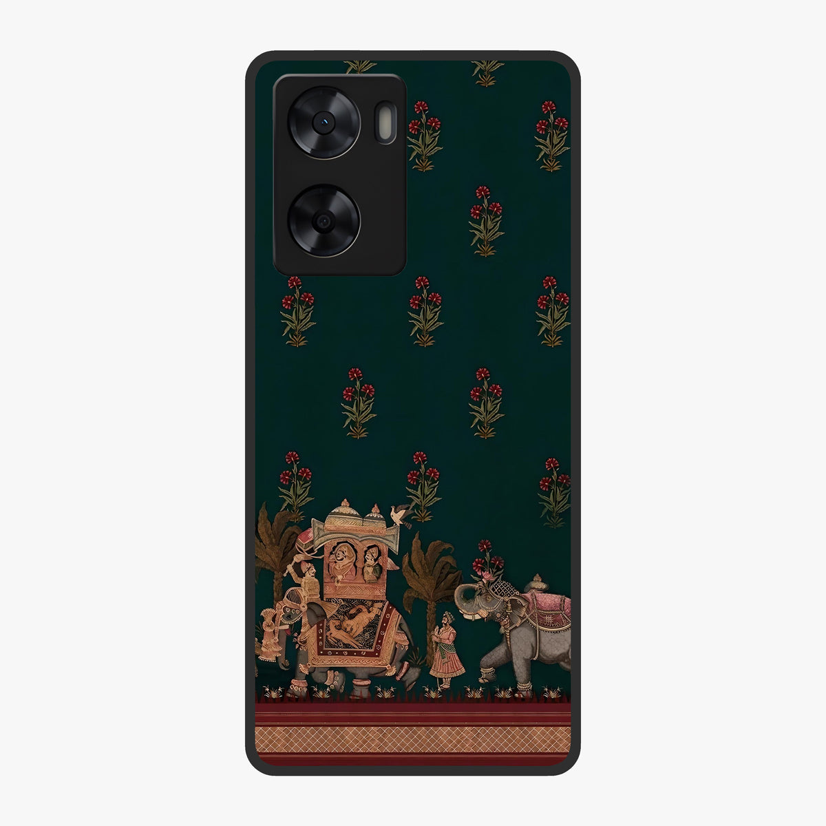 Macmerise Glass Case showing flat back view with stylish modern artwork and glossy glass finish.